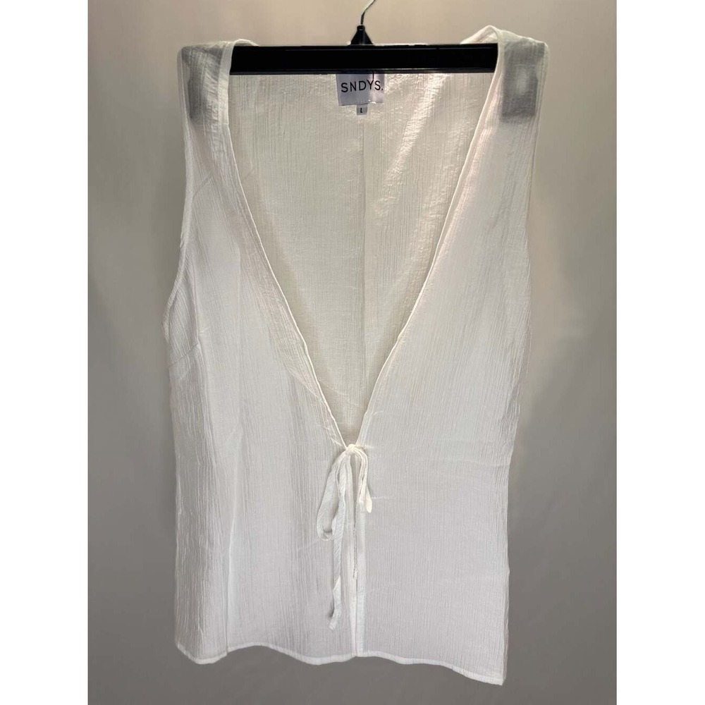 SNDYS White Tencel Blend Crinkle Sleeveless Tie Front Top Large